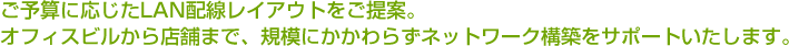 ご予算に応じたLAN配線レイアウトをご提案。オフィスビルから店舗まで、規模にかかわらずネットワーク構築をサポートいたします。